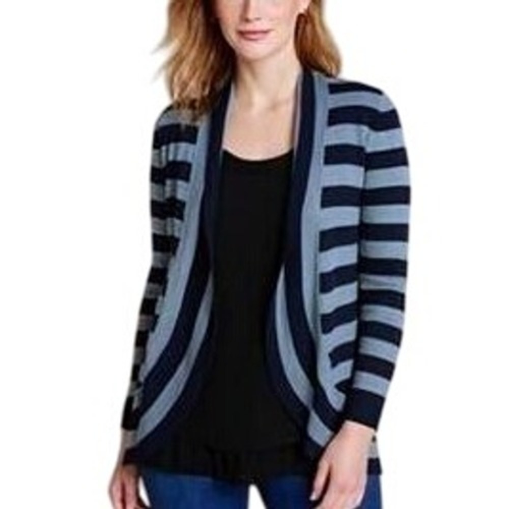 POINTELLE Striped Open Front‎ Cardigan Sweater Women Navy Gray Long Sleeve L